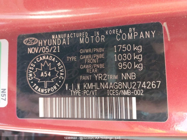 KMHLN4AG8NU274267 Hyundai mpi nu pe