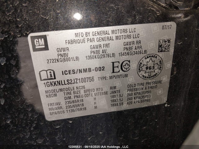 1GKKNLLS2JZ100756 GMC lgx - direct injection, variable valve timing, alum, gen 2