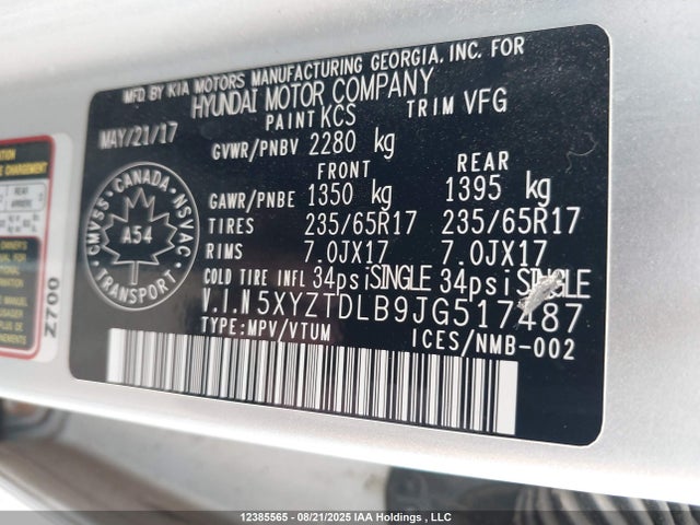 5XYZTDLB9JG517487 Hyundai gdi theta ii