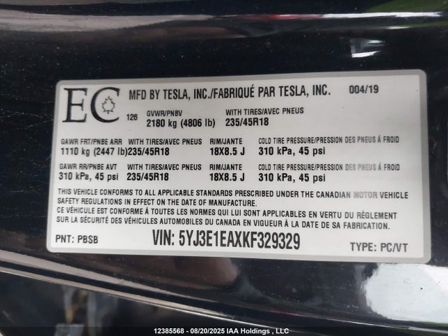 5YJ3E1EAXKF329329 Tesla MODEL 3