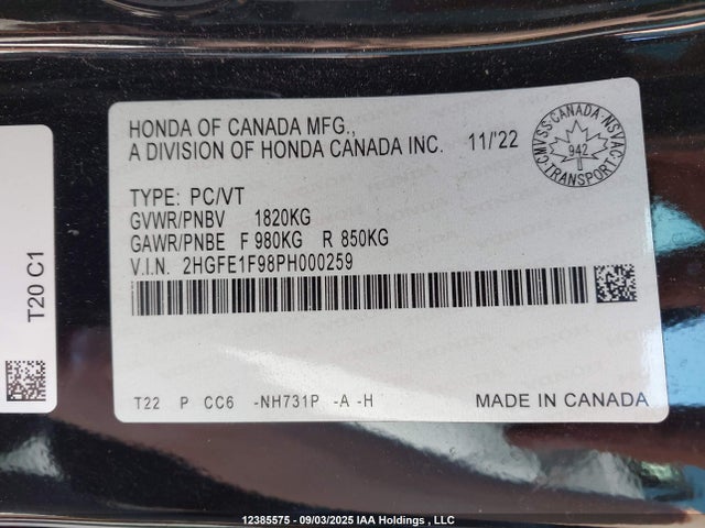 2HGFE1F98PH000259 Honda l15b7