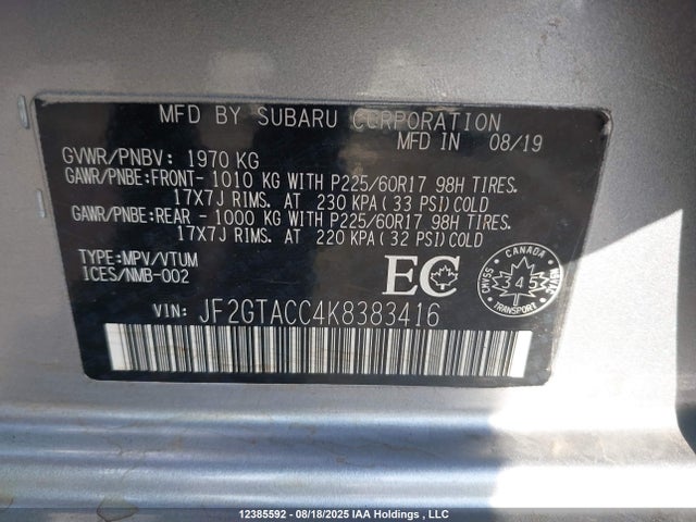 JF2GTACC4K8383416 Subaru naturally aspirated