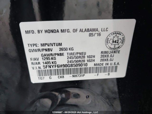 5FNYF6H90GB509010 Honda j35y6