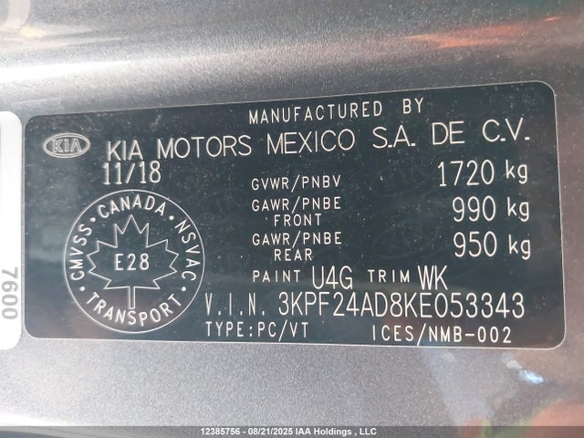 3KPF24AD8KE053343 KIA Forte