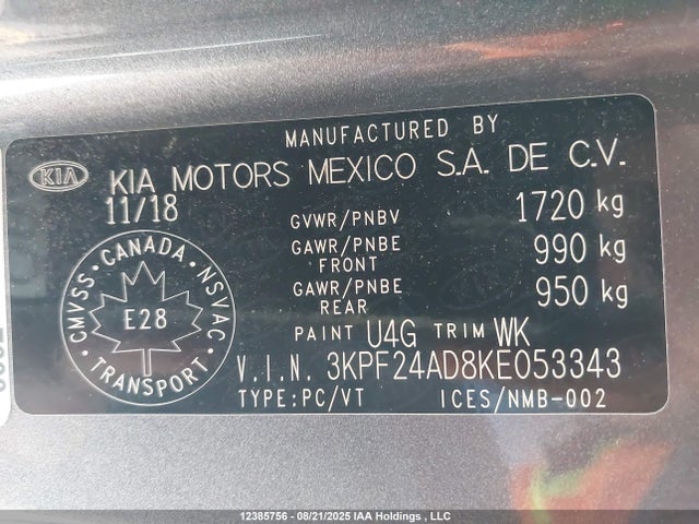 3KPF24AD8KE053343 KIA Forte