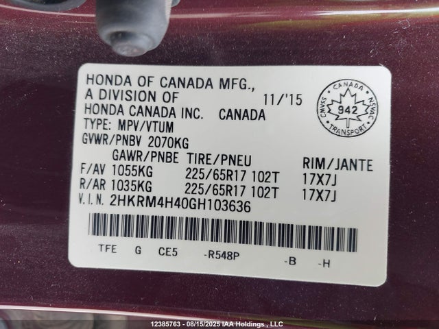 2HKRM4H40GH103636 Honda k24w9