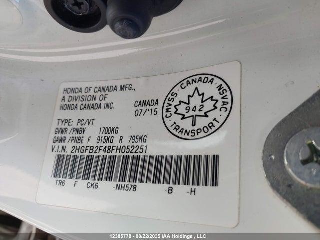 Honda r18z1 2015 2HGFB2F48FH052251 Image 9