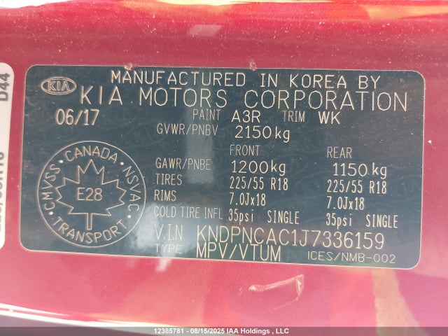 12385781 :رقم المزاد ، KNDPNCAC1J7336159 vin ، 2018 Kia Sportage Ex مزاد بيع