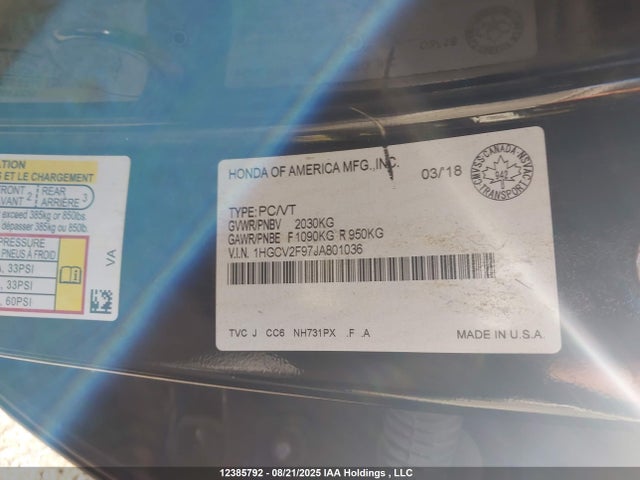 Honda k20c4 2018 1HGCV2F97JA801036 Image 9
