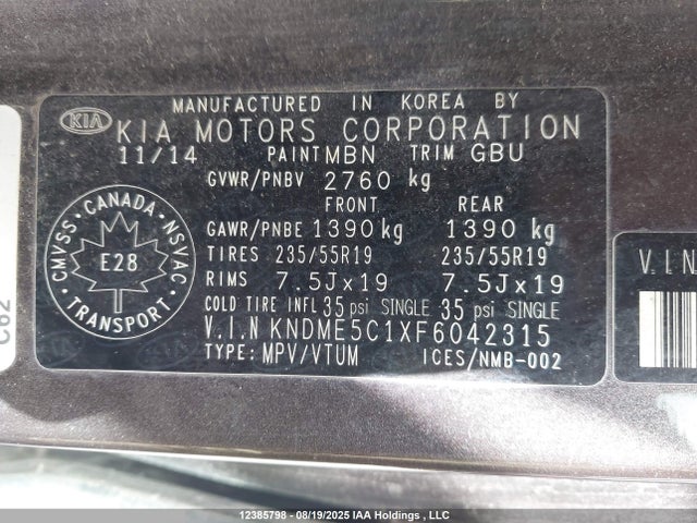 KNDME5C1XF6042315 KIA dohc gdi lambda ii