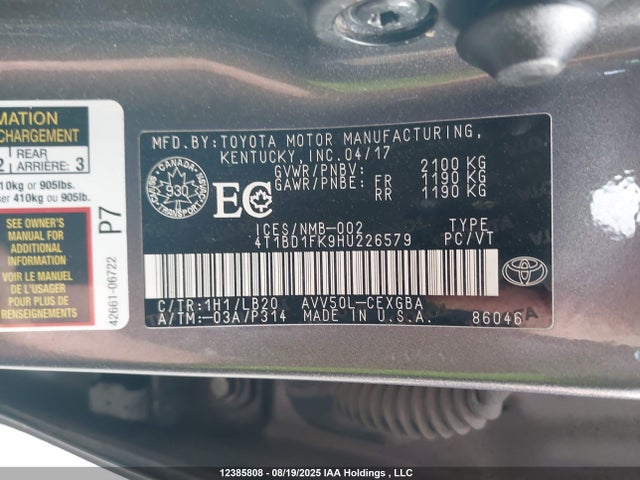 Toyota 2ar-fxe+2jm 2017 4T1BD1FK9HU226579 Image 18