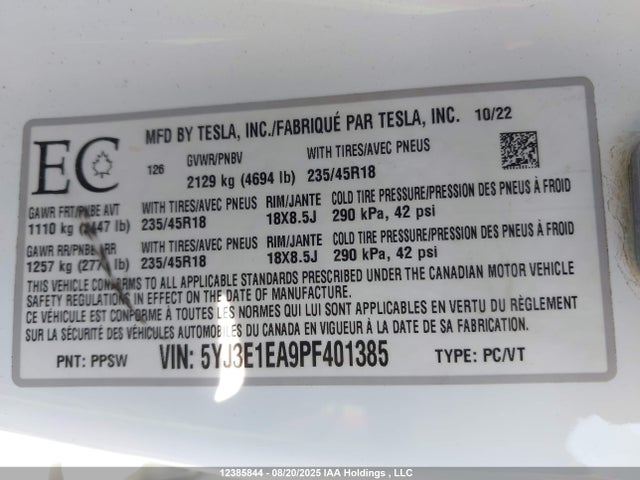 5YJ3E1EA9PF401385 Tesla MODEL 3