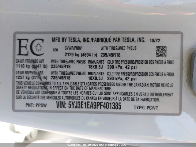 5YJ3E1EA9PF401385 Tesla MODEL 3