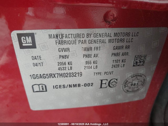 1G6AG5RX7H0203219 Cadillac ltg - sid, alum, vvt, dcvcp turbo, e0-e100, alum