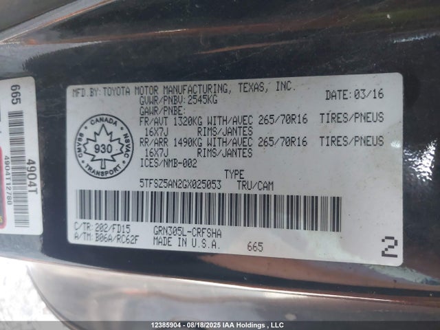 5TFSZ5AN2GX025053 Toyota 2gr-fks