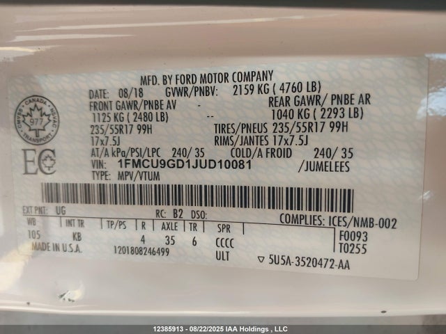 1FMCU9GD1JUD10081 Ford 1.5l gtdi sigma w/premium fuel