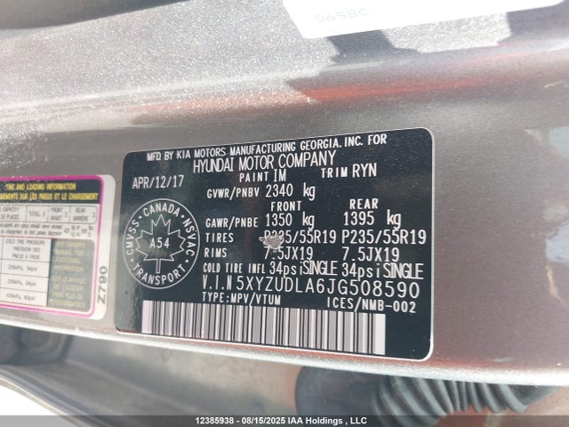 5XYZUDLA6JG508590 Hyundai t-gdi theta ii