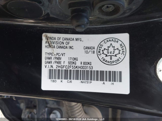 2019 Honda Civic Lx მანქანა იყიდება აუქციონზე, vin: 2HGFC2F55KH003153, აუქციონის ნომერი: 12385953