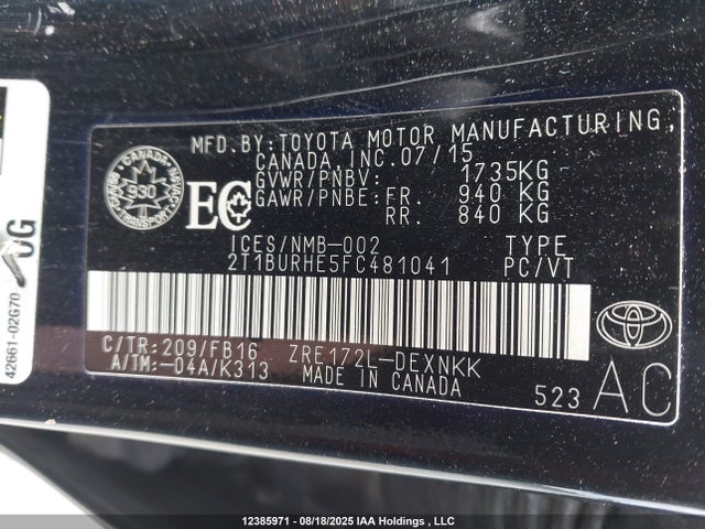 2T1BURHE5FC481041 Toyota 2zr-fe