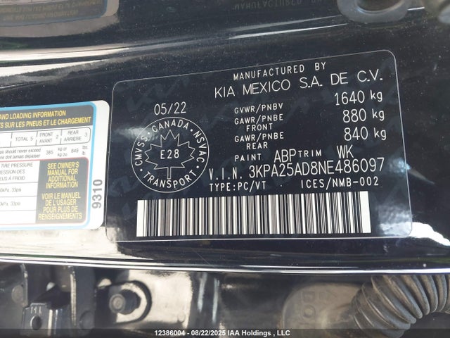 3KPA25AD8NE486097 KIA mpi gamma ii