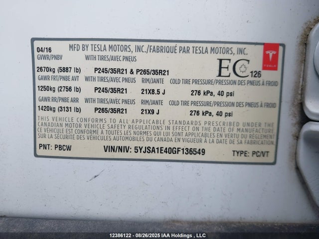 5YJSA1E40GF136549 Tesla MODEL S