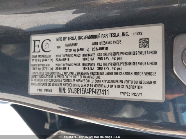 5YJ3E1EA4PF427411 Tesla MODEL 3