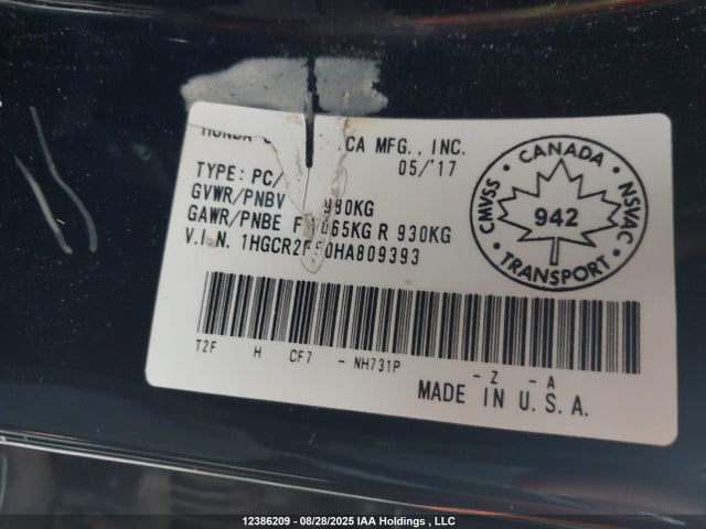 1HGCR2F50HA809393 Honda k24w1