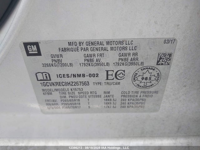 1GCVKREC8HZ267563 Chevrolet l83 - sidi: spark ignited direct injection, vvt: variable valve timing, afm, e85 max, alum