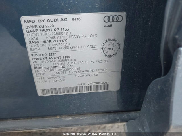 Audi 2.0t 2016 WA1EFCFSXGR022067 Image 9