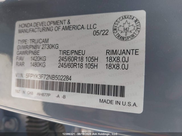 Honda j35y6 2022 5FPYK3F72NB502284 Image 9
