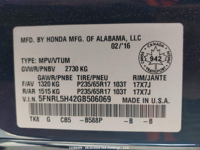 5FNRL5H42GB506069 Honda j35z8