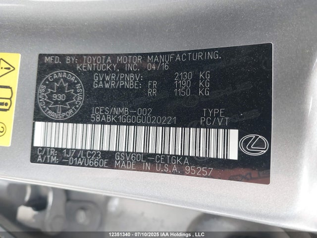 Lexus 2gr-fe 2016 58ABK1GG0GU020221 Image 9