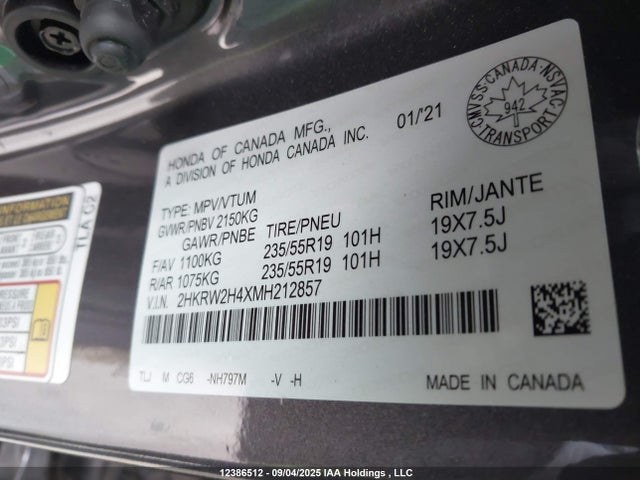 2HKRW2H4XMH212857 Honda l15be