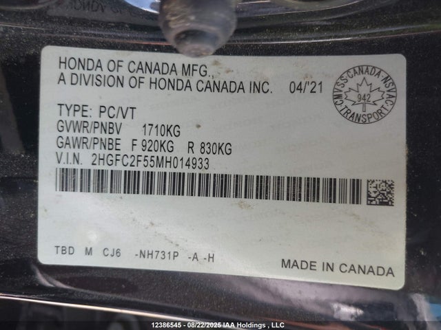 Aukcja sprzedaży 2021 Honda Civic Lx, vin: 2HGFC2F55MH014933, numer aukcji: 12386545