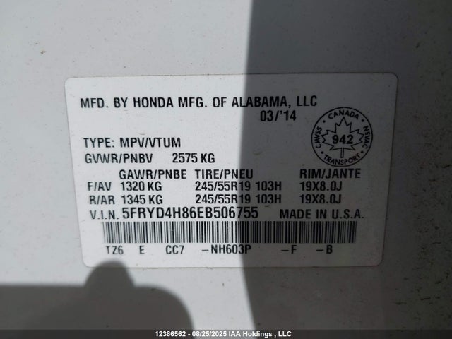 Acura j35y5 2014 5FRYD4H86EB506755 Image 9