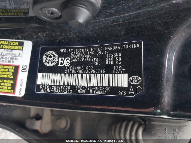 2T1BURHE3JC986746 Toyota 2zr-fe
