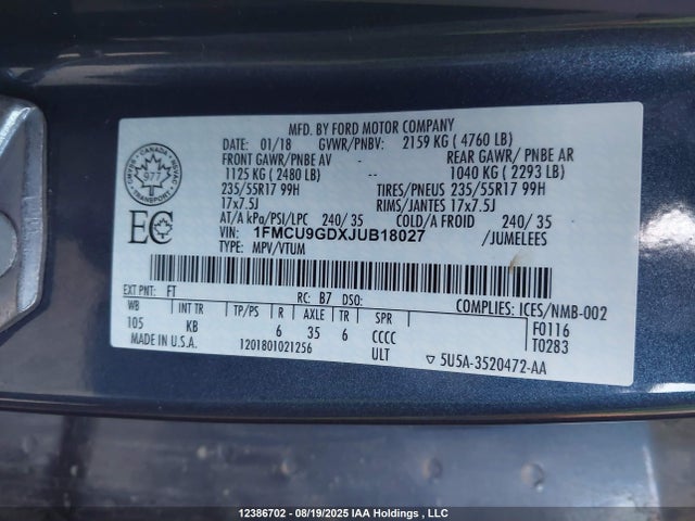 1FMCU9GDXJUB18027 Ford 1.5l gtdi sigma w/premium fuel