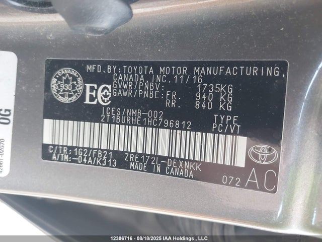 2T1BURHE1HC796812 Toyota 2zr-fe