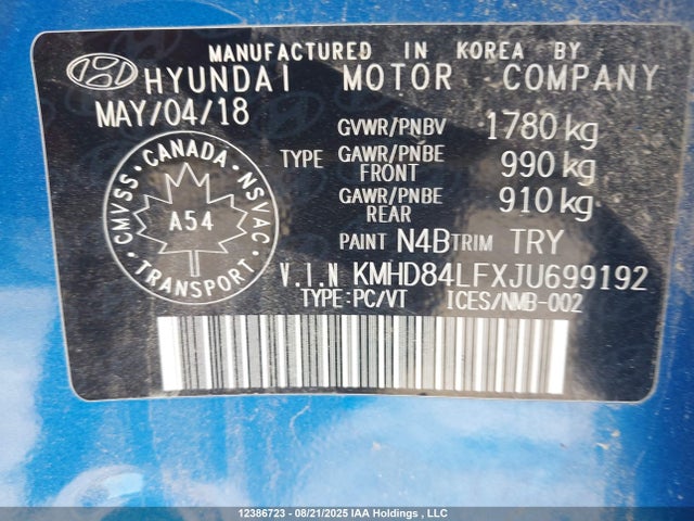 KMHD84LFXJU699192 Hyundai mpi nu