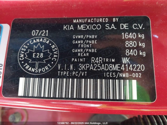 3KPA25AD8ME414220 KIA gamma ii