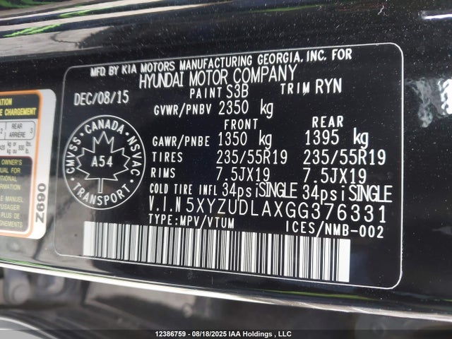 5XYZUDLAXGG376331 Hyundai t-gdi theta ii