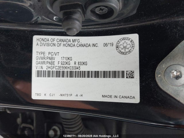 Honda k20c2 2019 2HGFC2E56KH030945 Image 9