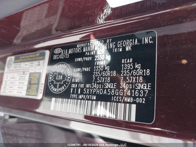 5XYPHDA58GG141637 KIA dohc gdi lambda ii