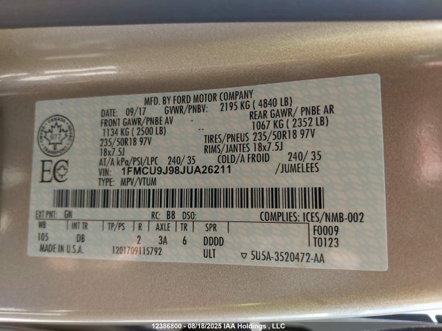 1FMCU9J98JUA26211 Ford 2018