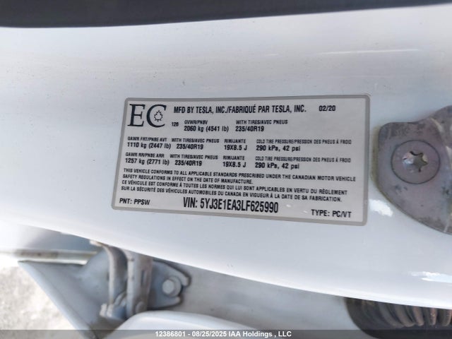 Tesla MODEL 3 2020 5YJ3E1EA3LF625990 Image 19