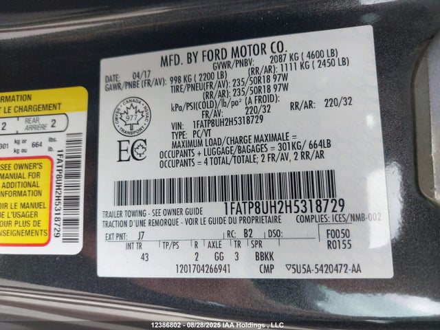 Ford 2.3l 4v premium fuel 2017 1FATP8UH2H5318729 Image 9
