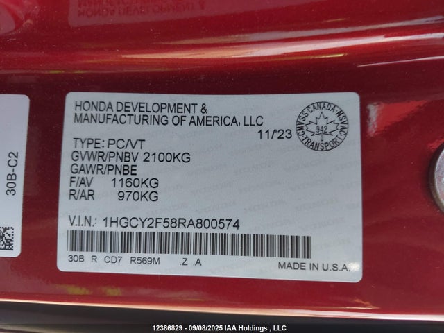 Honda lfc5 2024 1HGCY2F58RA800574 Image 9