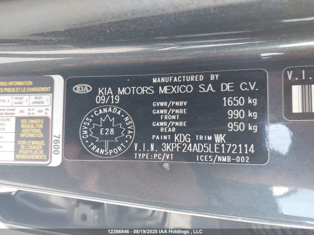 3KPF24AD5LE172114 KIA mpi nu