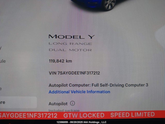 7SAYGDEE1NF317212 Tesla Model Y