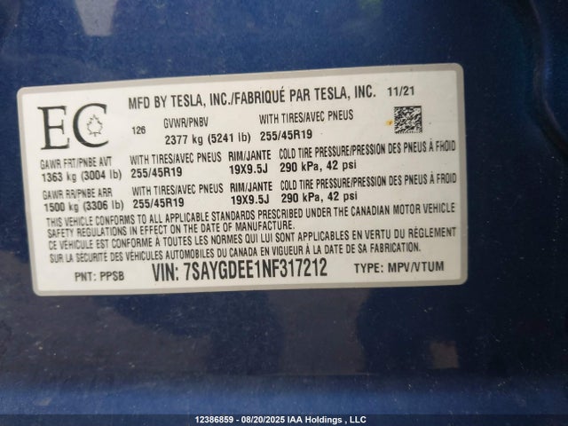 7SAYGDEE1NF317212 Tesla Model Y